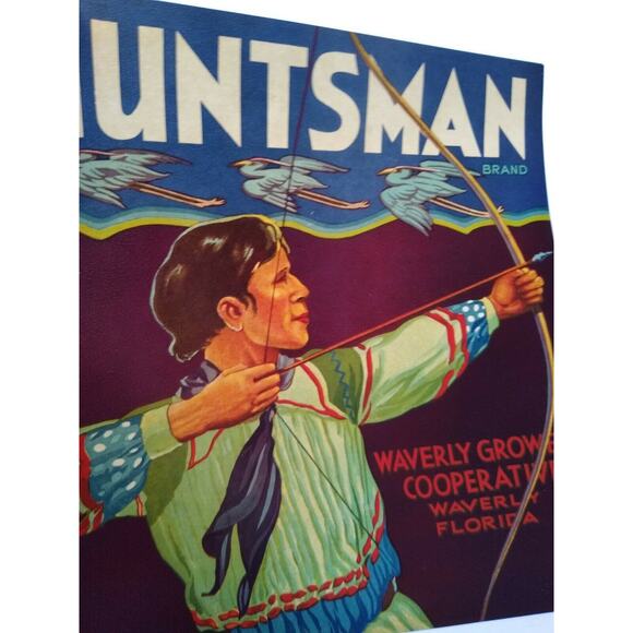 Huntsman Brand Fruit Crate Label Original 1940s Cranes Bow & Arrow Waverly FL - Picture 3 of 5